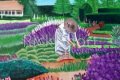 In the Garden of Dreams, an original acrylic painting on canvas of a woman picking flowers in her backyard garden