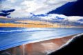 Morning Glory, an original acrylic painting of a sunrise over the beach with shades of blue colors in the sky