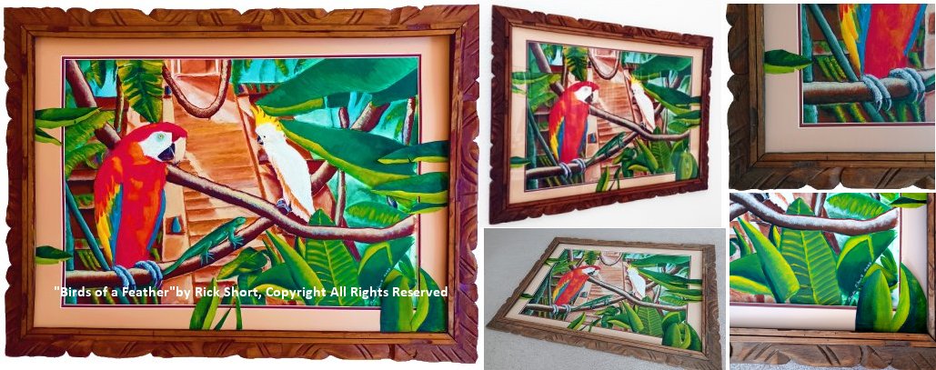 Birds of a Feather, an original framed and matted painting of tropical birds sitting on a branch in a tropical Amazon rain forest