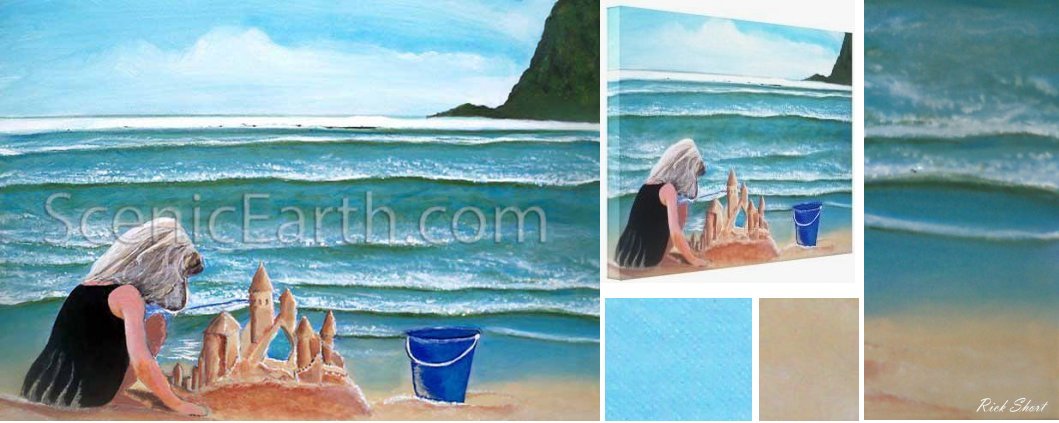 Castles in the sand - An original acrylic painting of a young girl in a black dress building a sand castle at the beach in Oregon