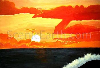 A painting of an orange sunset that lights up the gray pacific ocean during evening tide.