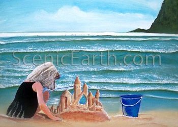 Castles in the Sand - A little blonde haired girl in a black dress builds a sand castle at an Oregon Beach