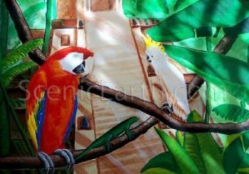 A colorful fine art print of a Scarlet Macaw and a White Parrot resting in a treee in front of the ruins of an ancient Mayan Pyramid.