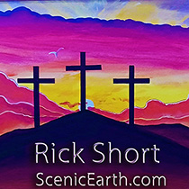 A painting of the three crosses depicting Jesus death and resurrection from the dead