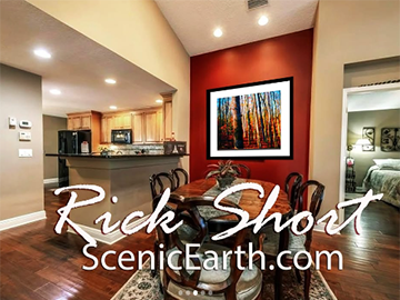 A photograph of a forest during the fall season in a living room with an orange wall