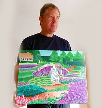 An Acrylic Painting of a woman tending her garden