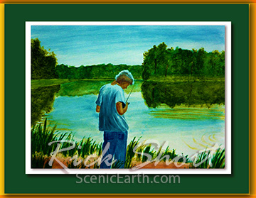 A painting of a young boy in T-shirt and Blue Jeans fishing at a lake surrounded by trees in summertime