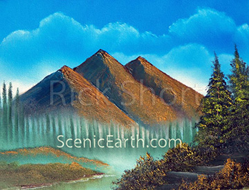 An original oil painting of a lake with three mountain peaks in the background